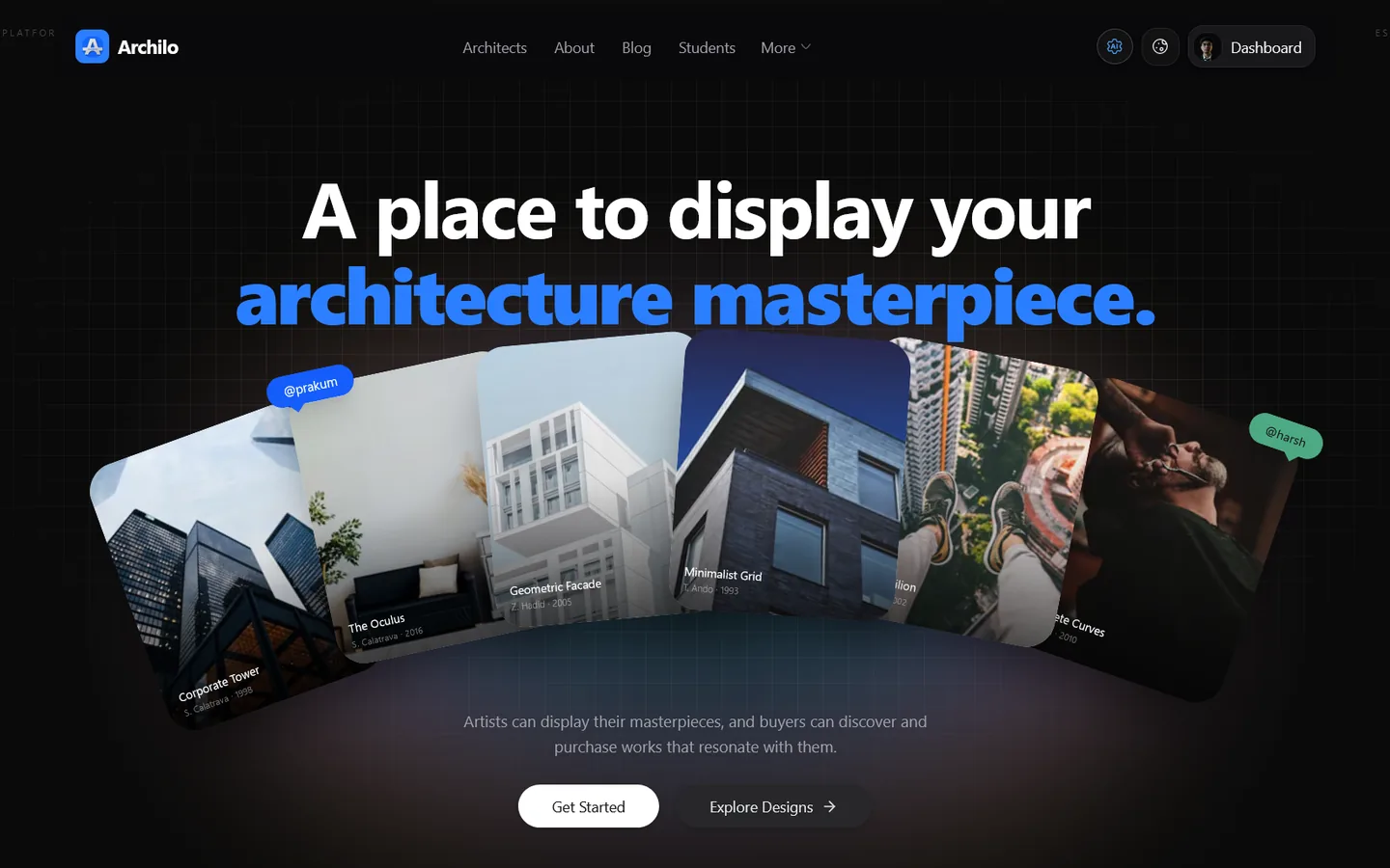Archilo product homepage in dark theme