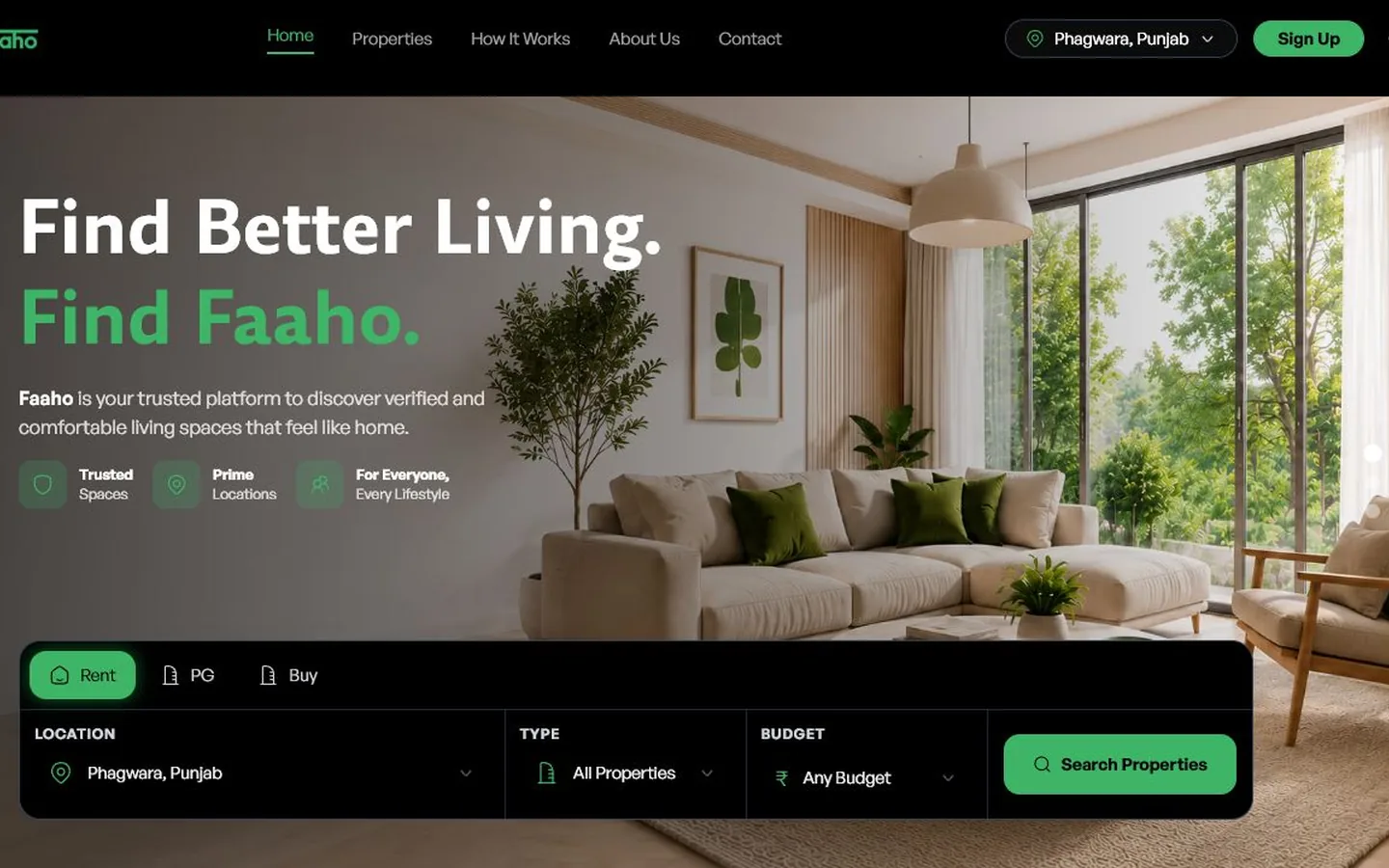 Faaho product homepage in dark theme